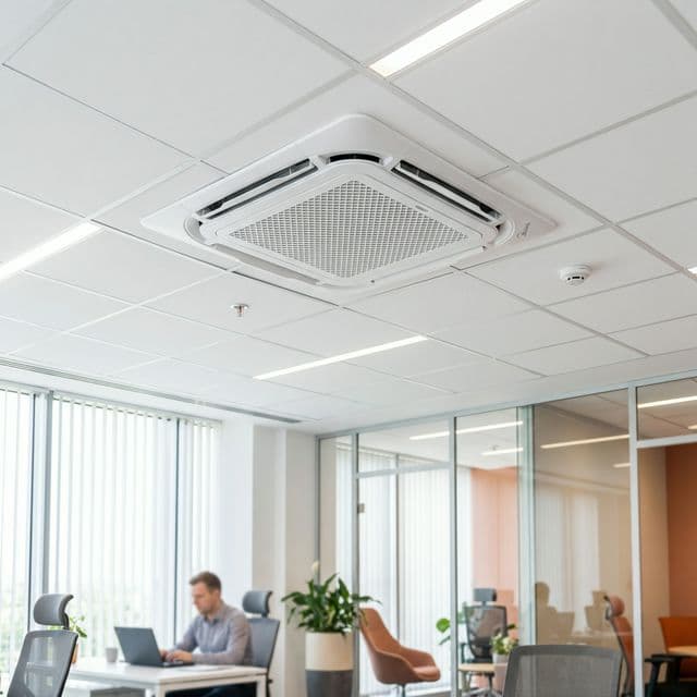 Кассетный кондиционер, установленный в потолке современного офиса.