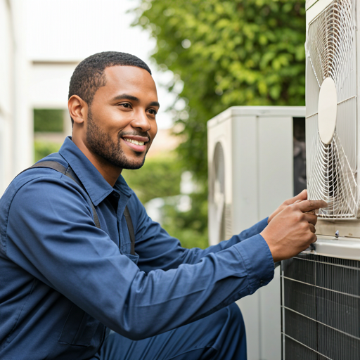 A friendly technician in uniform smiling while inspecting an outdoor AC unit.
